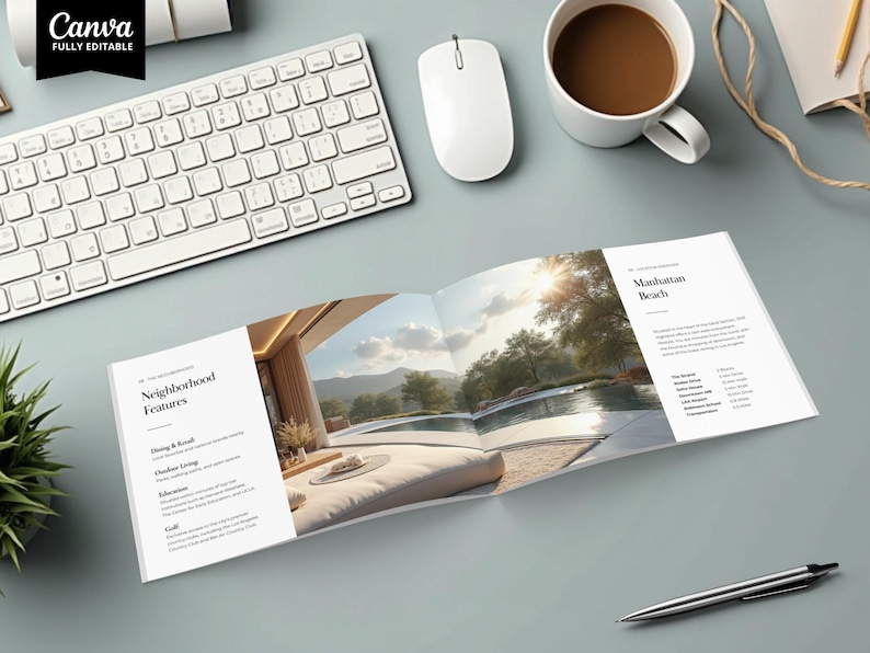 May include: An open brochure with images of a luxury home and pool, with text that reads "Manhattan Beach" and "Neighborhood Features." A keyboard, mouse, and coffee cup are also visible.