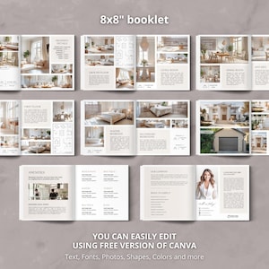 Pode incluir: Um folheto imobili&aacute;rio com fotos de uma casa, uma sala de estar, uma cozinha e um banheiro. O folheto mede 20,32 x 20,32 cm e pode ser editado usando Canva. O texto no folheto diz "Voc&ecirc; pode editar facilmente usando a vers&atilde;o gratuita do Canva. Texto, fontes, fotos, formas, cores e muito mais."