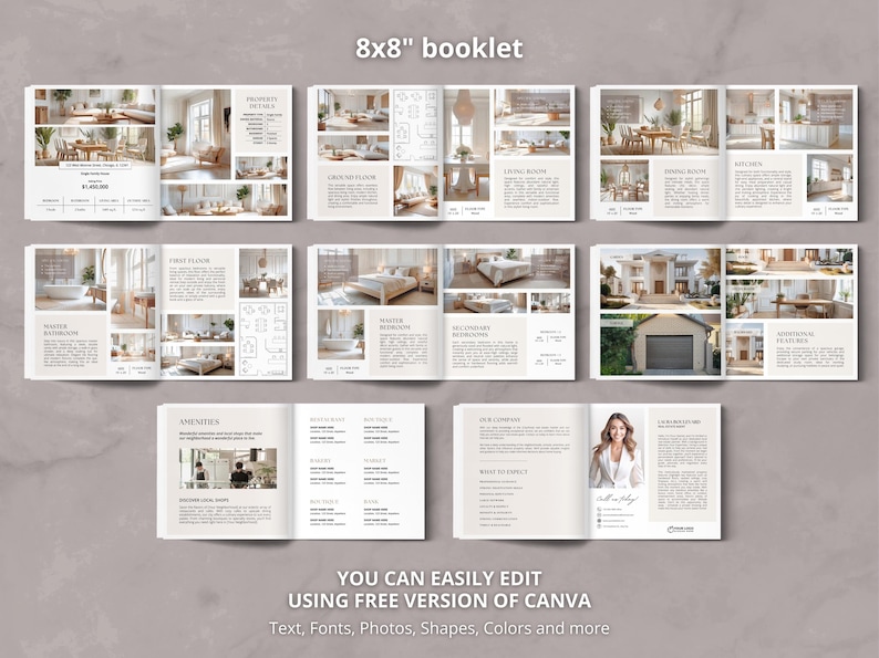 Pode incluir: Um folheto imobili&aacute;rio com fotos de uma casa, uma sala de estar, uma cozinha e um banheiro. O folheto mede 20,32 x 20,32 cm e pode ser editado usando Canva. O texto no folheto diz "Voc&ecirc; pode editar facilmente usando a vers&atilde;o gratuita do Canva. Texto, fontes, fotos, formas, cores e muito mais."