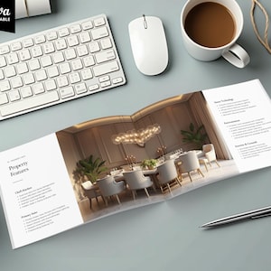 May include: An open brochure showcasing a dining room with a large table and chairs, a keyboard, a computer mouse, and a cup of coffee. The brochure has text that reads "Property Features" and "Smart Technology". The Canva logo is in the top left corner.