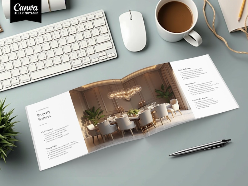 May include: An open brochure showcasing a dining room with a large table and chairs, a keyboard, a computer mouse, and a cup of coffee. The brochure has text that reads "Property Features" and "Smart Technology". The Canva logo is in the top left corner.