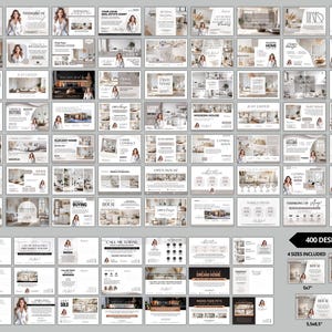 Puede incluir: Un conjunto de plantillas de marketing inmobiliario en varios tama&ntilde;os. Los dise&ntilde;os presentan im&aacute;genes de casas, texto y una mujer profesional. La paleta de colores es neutra con acentos beige, blancos y negros. Las plantillas son para jornadas de puertas abiertas, compra y venta.