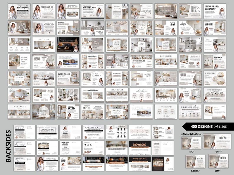 Puede incluir: Un conjunto de plantillas de marketing inmobiliario en varios tama&ntilde;os. Los dise&ntilde;os presentan im&aacute;genes de casas, texto y una mujer profesional. La paleta de colores es neutra con acentos beige, blancos y negros. Las plantillas son para jornadas de puertas abiertas, compra y venta.