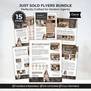 以下が含まれることがあります： 「JUST SOLD FLYERS BUNDLE」と「Perfectly Crafted for Modern Agents」のテキストが入った不動産チラシの束。チラシには家の画像、テキスト、Canvaのロゴが表示されています。このバンドルには15ページが含まれており、柔軟性があり、再利用可能で、目を引き、完全に編集可能と説明されています。