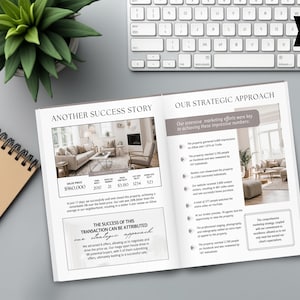 Puede incluir: Una revista abierta con los t&iacute;tulos "ANOTHER SUCCESS STORY" y "OUR STRATEGIC APPROACH". Las p&aacute;ginas presentan texto e im&aacute;genes de una sala de estar. Tambi&eacute;n se ven un cuaderno de espiral, una planta y un teclado.