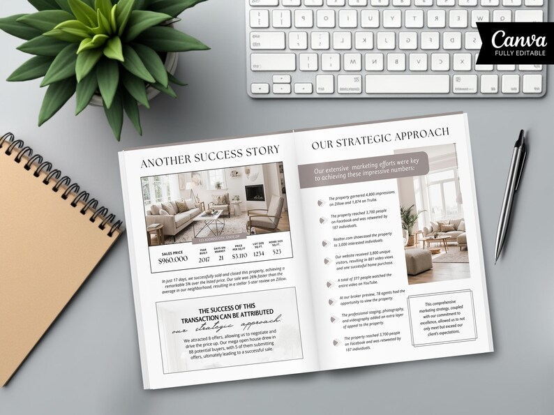Puede incluir: Una revista abierta con los t&iacute;tulos "ANOTHER SUCCESS STORY" y "OUR STRATEGIC APPROACH". Las p&aacute;ginas presentan texto e im&aacute;genes de una sala de estar. Tambi&eacute;n se ven un cuaderno de espiral, una planta y un teclado.