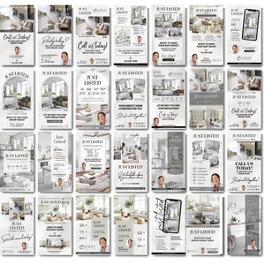 May include: A collection of 36 real estate social media post templates featuring a white and gray color scheme with images of homes and text that says "Just Listed".