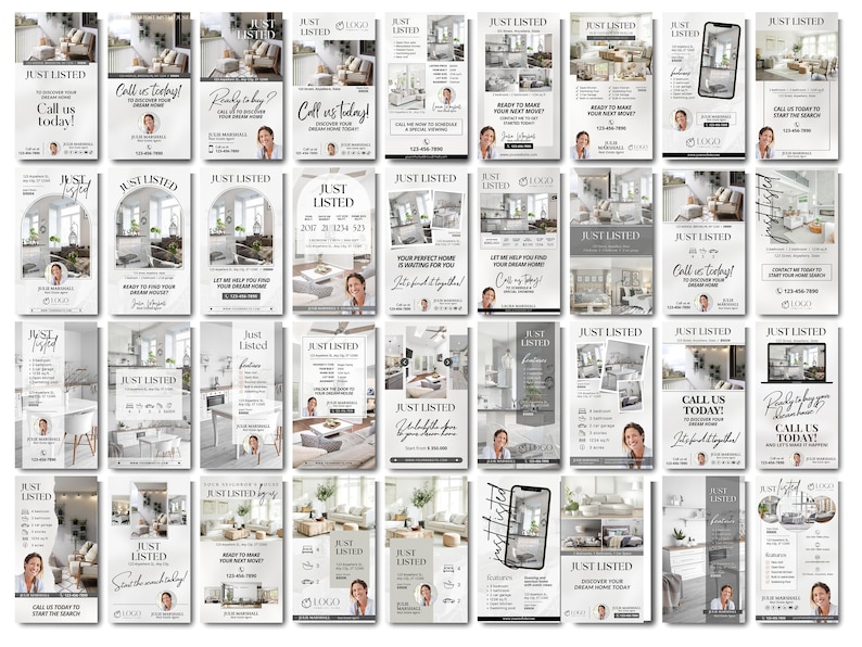 May include: A collection of 36 real estate social media post templates featuring a white and gray color scheme with images of homes and text that says "Just Listed".