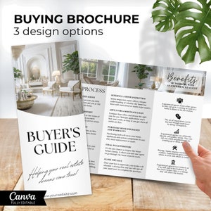 May include: A white and black brochure with the title "Buying Brochure" and "Buyer's Guide" in bold text. The brochure is folded in half and shows information about the benefits of working with an experienced real estate agent. The brochure also includes information about the home buying process, including scheduling a home inspection, applying for a mortgage loan, purchasing home insurance and warranty, and final walkthrough.