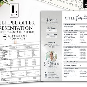 Presentación de ofertas, hoja de cálculo de ofertas múltiples, resumen de oferta, hoja de cálculo de bienes raíces, plantilla, compra de una casa, plantillas de bienes raíces