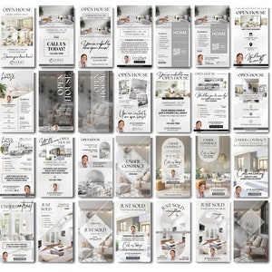 May include: A collection of 24 real estate flyers with a minimalist design. The flyers feature photos of homes, text about the properties, and contact information for a real estate agent. The flyers are in various stages of the home buying process, including open houses, under contract, and just sold.