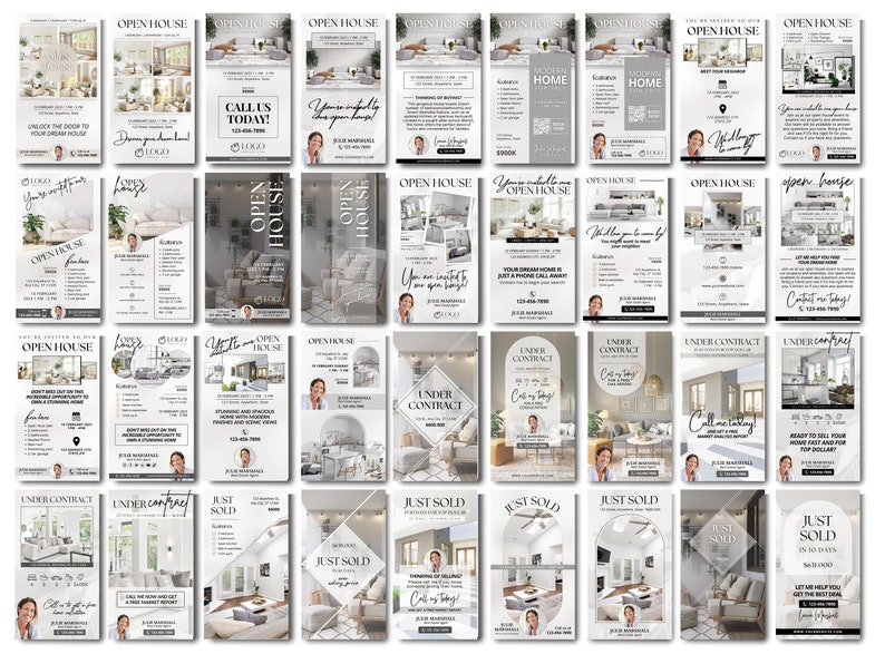 May include: A collection of 24 real estate flyers with a minimalist design. The flyers feature photos of homes, text about the properties, and contact information for a real estate agent. The flyers are in various stages of the home buying process, including open houses, under contract, and just sold.
