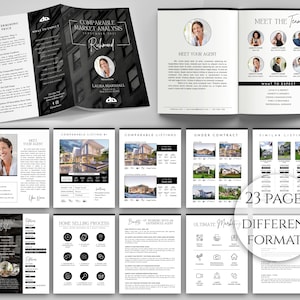 May include: A black and white real estate brochure with 23 pages and different formats. The brochure includes information about determining price, comparable market analysis, meeting the agent, home selling process, benefits of working with an experienced agent, and ultimate marketing strategies. The brochure also includes images of homes and a team of real estate agents.