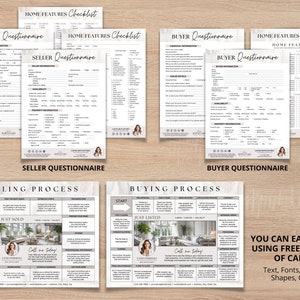 May include: A collection of real estate forms, including a seller questionnaire, buyer questionnaire, and home features checklist. The forms have a clean, minimalist design with a neutral color palette. The image also includes a selling and buying process guide. Text on the image says "You can easily edit using free version of Canva."