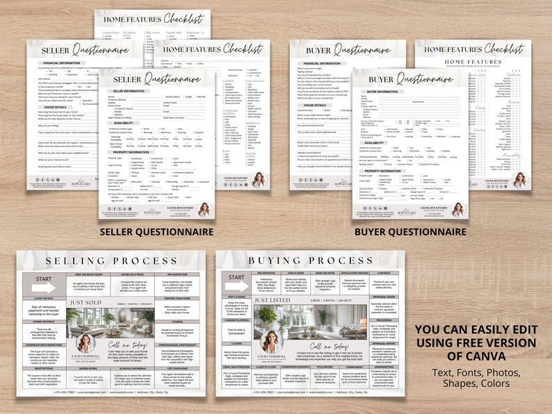 May include: A collection of real estate forms, including a seller questionnaire, buyer questionnaire, and home features checklist. The forms have a clean, minimalist design with a neutral color palette. The image also includes a selling and buying process guide. Text on the image says "You can easily edit using free version of Canva."