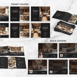 May include: A collection of black brochures and flyers showcasing interior design. The front covers display images of living rooms and kitchens, with text including "The Aurora Penthouse" and an address. The back covers feature dining areas and kitchen designs.