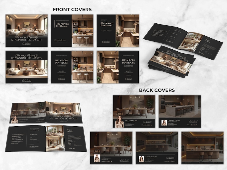 May include: A collection of black brochures and flyers showcasing interior design. The front covers display images of living rooms and kitchens, with text including "The Aurora Penthouse" and an address. The back covers feature dining areas and kitchen designs.