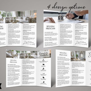 May include: Four different design options for a real estate brochure. Each option features a different layout and image, with text describing the selling process and benefits of working with an experienced agent. The text includes phrases like "Find the Right Agent", "Determine a Marketing Plan", "Offer and Negotiations", "Under Contract", "Close the Sale", and "Congratulations your home is sold!"