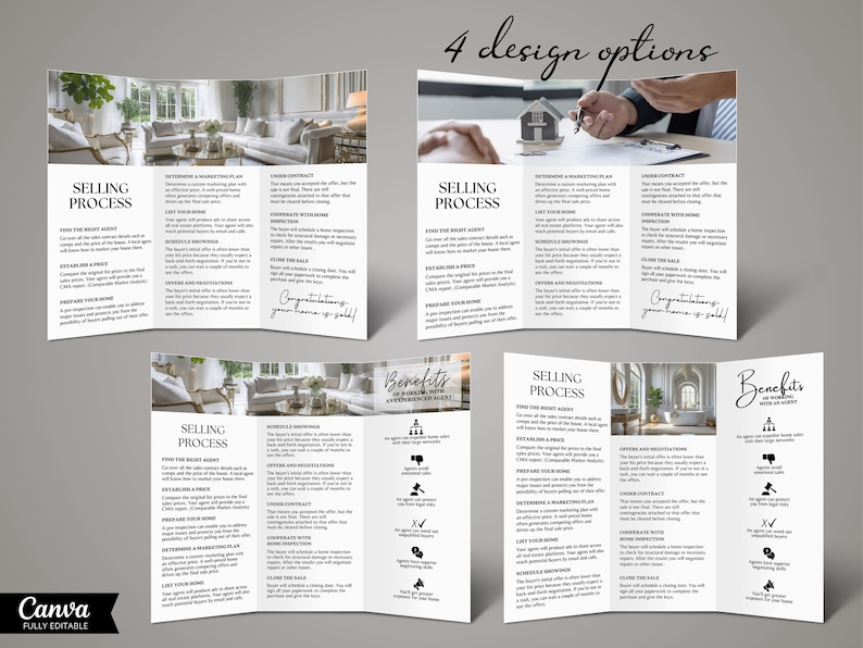 May include: Four different design options for a real estate brochure. Each option features a different layout and image, with text describing the selling process and benefits of working with an experienced agent. The text includes phrases like "Find the Right Agent", "Determine a Marketing Plan", "Offer and Negotiations", "Under Contract", "Close the Sale", and "Congratulations your home is sold!"
