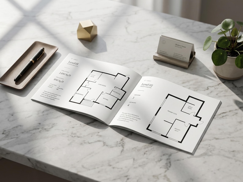 May include: An open architectural floor plan book with black line drawings of house layouts. A pen and tray, a gold geometric object, a business card holder, and a potted plant are on a marble surface.