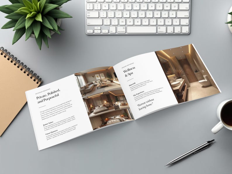 May include: An open brochure with the text "Private, Polished, and Purposeful" and "Wellness & Spa" is displayed on a gray surface. A keyboard, pen, coffee cup, and a potted plant are also visible.