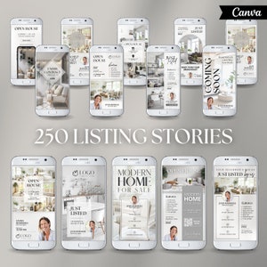 May include: A collection of 250 Instagram story templates for real estate agents. The templates feature a variety of designs, including photos of homes, text overlays, and logos. The templates are designed to help real estate agents promote their listings and connect with potential clients.
