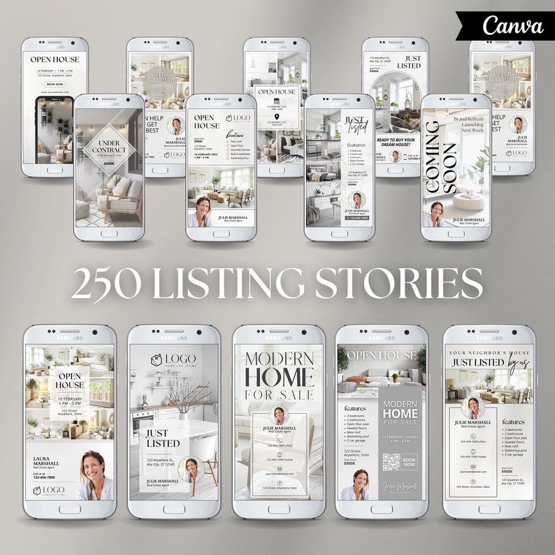 May include: A collection of 250 Instagram story templates for real estate agents. The templates feature a variety of designs, including photos of homes, text overlays, and logos. The templates are designed to help real estate agents promote their listings and connect with potential clients.