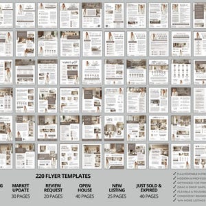 Puede incluir: Un conjunto de 220 plantillas de folletos para profesionales inmobiliarios. Los folletos, en tonos grises y beige, presentan dise&ntilde;os variados para cartas de prospecci&oacute;n, actualizaciones del mercado y nuevos listados. El texto incluye "220 plantillas de folletos".