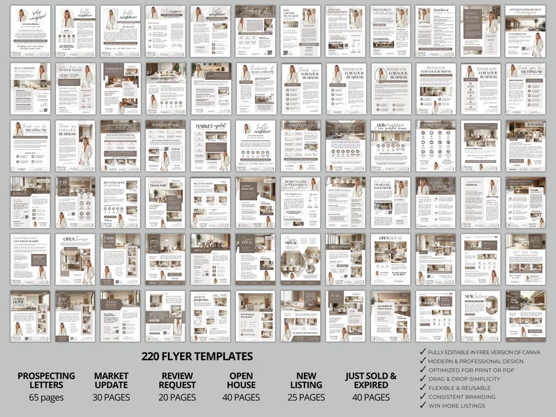 Puede incluir: Un conjunto de 220 plantillas de folletos para profesionales inmobiliarios. Los folletos, en tonos grises y beige, presentan dise&ntilde;os variados para cartas de prospecci&oacute;n, actualizaciones del mercado y nuevos listados. El texto incluye "220 plantillas de folletos".