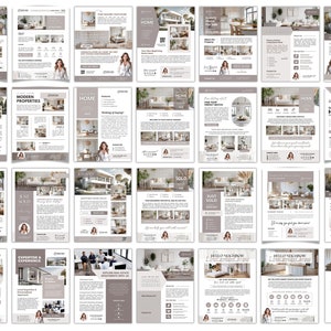 May include: A collection of real estate marketing flyers with a modern design. The flyers feature images of homes, text, and a professional woman. The color scheme is primarily neutral with accents of gray and white.