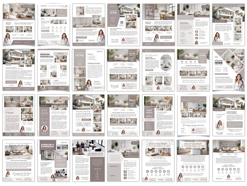 May include: A collection of real estate marketing flyers with a modern design. The flyers feature images of homes, text, and a professional woman. The color scheme is primarily neutral with accents of gray and white.