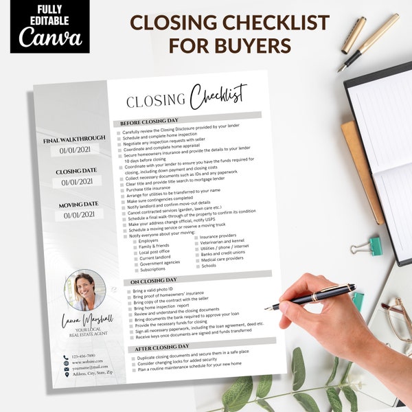 Real Estate Closing Checklist for Buyers, Closing Tracker, Buyer Closing Day Checklist, Disclosure Task Manager, Buyer's Agent, Canva