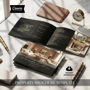 May include: A property brochure template with a black and white design, featuring images of a luxury home. The brochure is open, displaying property details and an overview. Other items include a pen, inkwell, clock, and a small leather case. The text reads "Property Brochure Template."