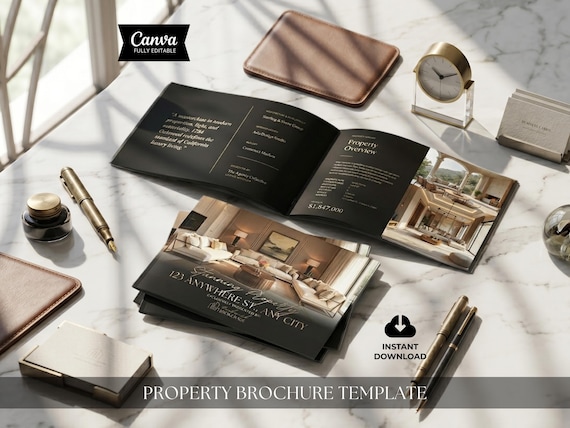 Luxury Real Estate Property Brochure Template Landscape Black Gold Home Presentation Booklet Listing Pamphlet, Realtor Marketing Catalog