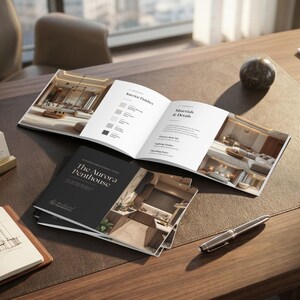 May include: An open brochure and several booklets titled "The Aurora Penthouse" are displayed on a dark brown desk. A pen, business cards, and a sketchpad are also present. Two decorative marble spheres add visual interest.