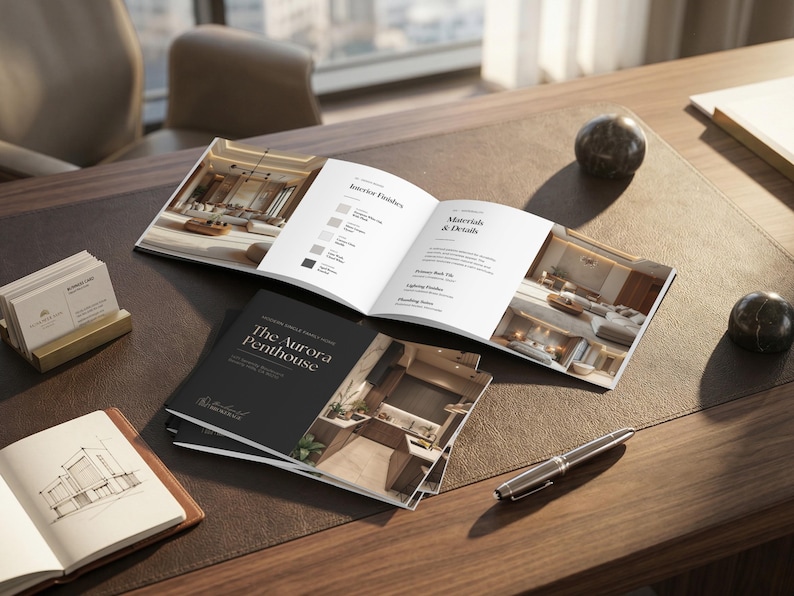 May include: An open brochure and several booklets titled "The Aurora Penthouse" are displayed on a dark brown desk. A pen, business cards, and a sketchpad are also present. Two decorative marble spheres add visual interest.