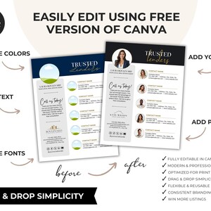 Puede incluir: Gr&aacute;fico de una plantilla de Canva para marketing inmobiliario. Muestra dos folletos, uno "antes" y otro "despu&eacute;s", destacando la facilidad de editar texto, cambiar colores y agregar fotos. El texto dice "Easily Edit Using Free Version of Canva".