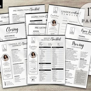 May include: A set of 17 printable checklists for home buying and selling. The checklists are organized into categories such as staging, pre-inspection, closing, change of address, house hunting, under contract timeline, open house, and moving. The checklists are designed to help buyers and sellers stay organized and on track throughout the home buying and selling process.