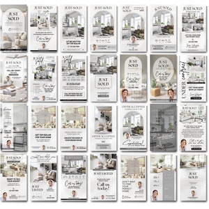 May include: A collage of real estate marketing flyers featuring photos of homes, text about buying and selling homes, and a headshot of a real estate agent. The flyers have a modern design with a white background and black text.
