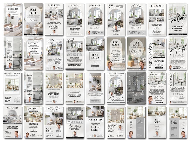 May include: A collage of real estate marketing flyers featuring photos of homes, text about buying and selling homes, and a headshot of a real estate agent. The flyers have a modern design with a white background and black text.