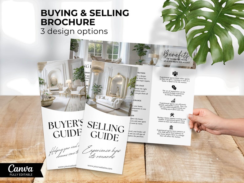 May include: A tri-fold brochure with a white background and black text. The brochure is titled "Buying & Selling Brochure" and features three design options. The brochure includes images of a luxurious living room and a list of benefits of working with an experienced real estate agent.