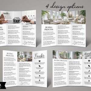 May include: Four different tri-fold brochures with a white background and black text. Each brochure features a different image of a home interior and outlines the buying process with a real estate agent. The text includes the phrase "Buying Process" and "Benefits of Working with an Experienced Agent".
