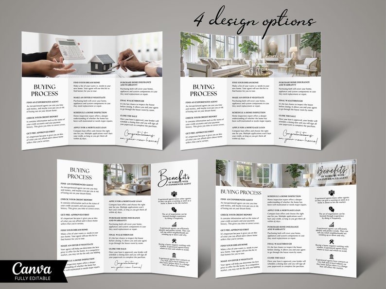 May include: Four different tri-fold brochures with a white background and black text. Each brochure features a different image of a home interior and outlines the buying process with a real estate agent. The text includes the phrase "Buying Process" and "Benefits of Working with an Experienced Agent".