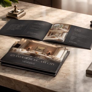 May include: An open brochure with interior design images and text, stacked on a marble surface. The brochure's cover reads "123 Anywhere St., Any City". A pen, a small decorative item, and a vase are also on the surface.