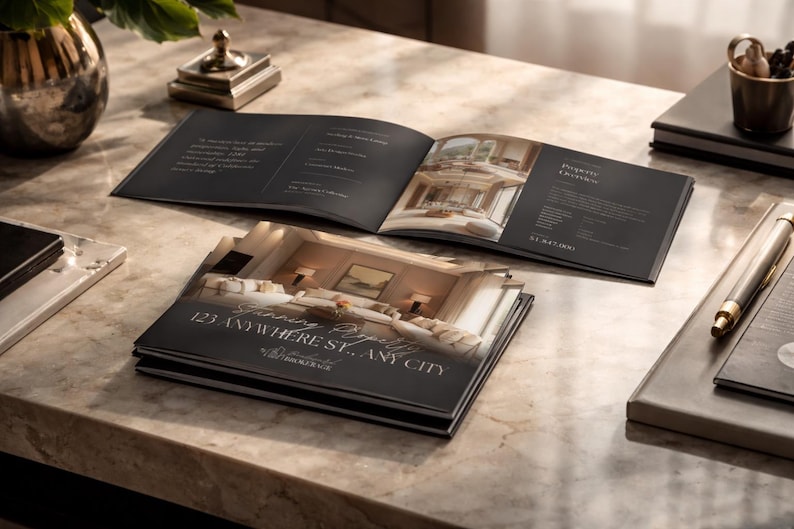 May include: An open brochure with interior design images and text, stacked on a marble surface. The brochure's cover reads "123 Anywhere St., Any City". A pen, a small decorative item, and a vase are also on the surface.
