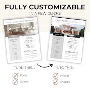 Puede incluir: Imagen que muestra dos plantillas de listados de propiedades, una etiquetada como "Your Home's Estimated Value" y la otra "Comparable Listing #1". El texto "FULLY CUSTOMIZABLE IN A FEW CLICKS" est&aacute; en la parte superior. La imagen destaca fuentes, colores, fotos y formas personalizables.