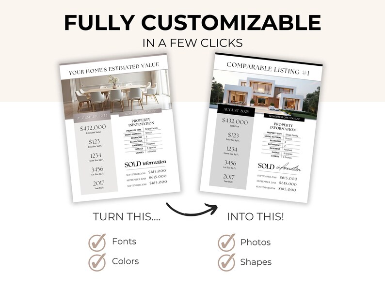 Puede incluir: Imagen que muestra dos plantillas de listados de propiedades, una etiquetada como "Your Home's Estimated Value" y la otra "Comparable Listing #1". El texto "FULLY CUSTOMIZABLE IN A FEW CLICKS" est&aacute; en la parte superior. La imagen destaca fuentes, colores, fotos y formas personalizables.