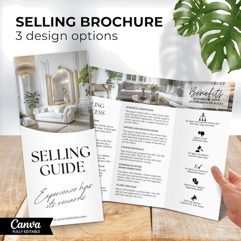 May include: A tri-fold brochure with a white background and black text. The brochure is titled "Selling Brochure" and features a guide for selling a house. The brochure highlights the benefits of working with an experienced real estate agent.