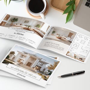 Puede incluir: Folleto inmobiliario con im&aacute;genes del interior y exterior de una casa moderna. El folleto incluye la direcci&oacute;n, el n&uacute;mero de dormitorios y ba&ntilde;os, la superficie habitable y el espacio exterior. Tambi&eacute;n se ven un port&aacute;til, un bol&iacute;grafo y una taza de caf&eacute;.