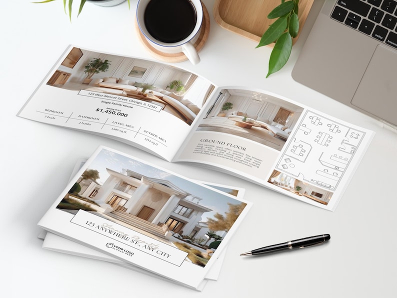 Puede incluir: Folleto inmobiliario con im&aacute;genes del interior y exterior de una casa moderna. El folleto incluye la direcci&oacute;n, el n&uacute;mero de dormitorios y ba&ntilde;os, la superficie habitable y el espacio exterior. Tambi&eacute;n se ven un port&aacute;til, un bol&iacute;grafo y una taza de caf&eacute;.